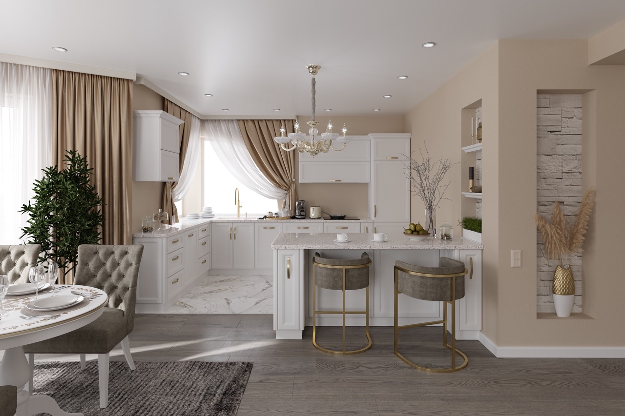 Custom white kitchen with granite countertops in Brooklyn, NY
